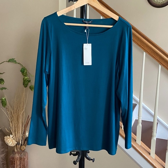 Eileen Fisher Tops - Eileen Fisher Fine Tencel Jersey Boat Neck Alpine Green (NWT) Size XL